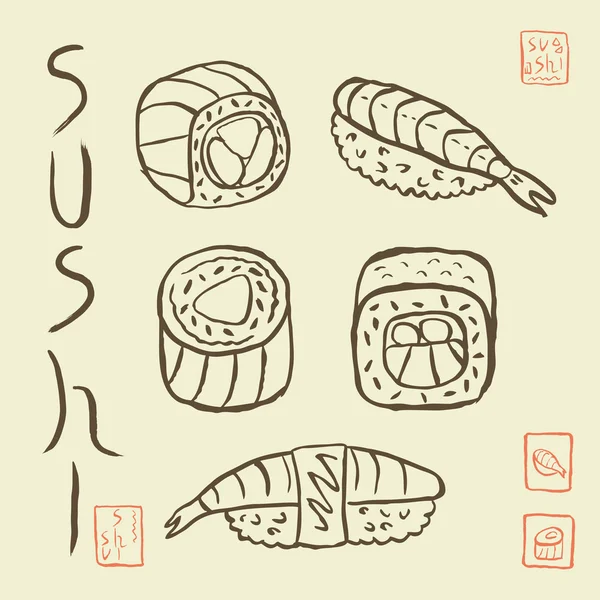 Ensemble de sushis dessinés à la main — Image vectorielle