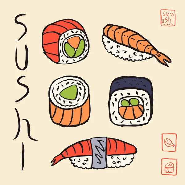 Conjunto de sushi desenhado à mão — Vetor de Stock