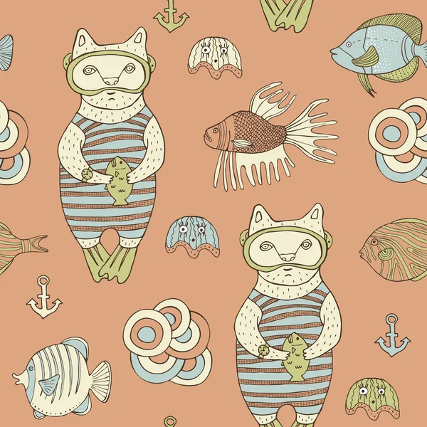 猫和鱼涂鸦 — 图库矢量图片