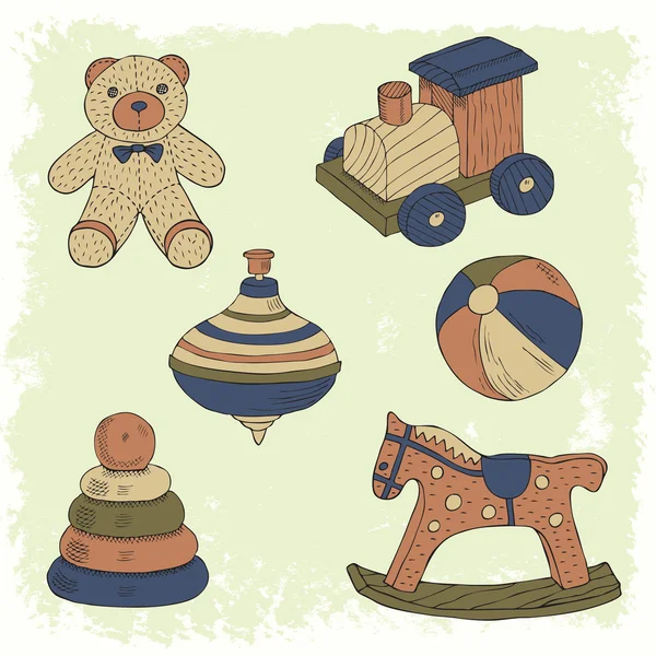 Conjunto de brinquedos retro desenhados à mão —  Vetores de Stock