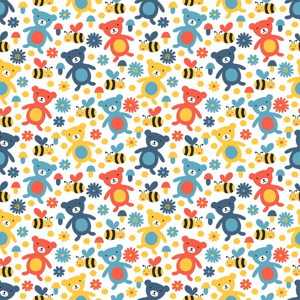 Bear and bee seamless pattern — Stock Vector