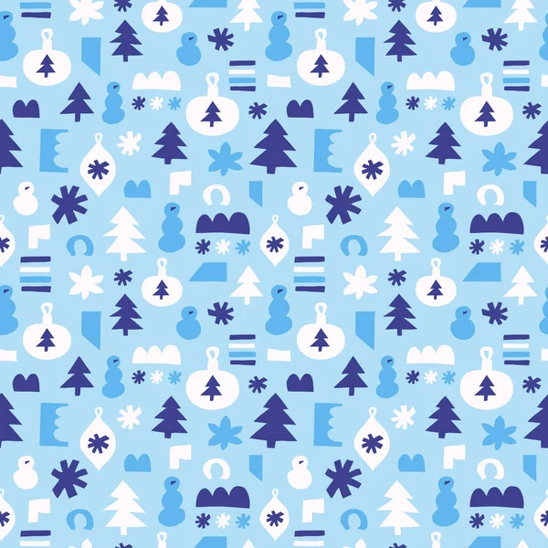 冬の紙は クリスマスツリー おもちゃ 雪だるま 雪の結晶でシームレスなパターンをカットします 表面装飾 ベクトル背景 — ストックベクタ