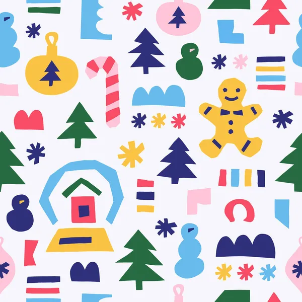 Winter Naadloos Patroon Met Kerstboom Speelgoed Spar Sneeuwpop Sneeuwvlok Sneeuwbal — Stockvector