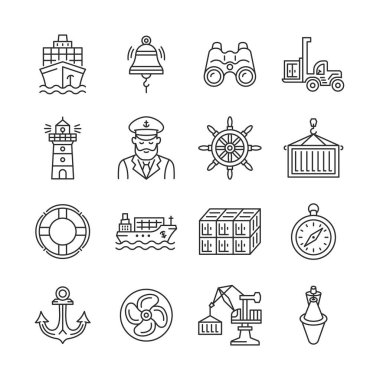 Deniz iskele vektör simgesi ayarlandı. Gemi, kaptan, konteynır, çan, çapa, vinç, rafa ulaş, pusula. Düzenlenebilir vuruş.
