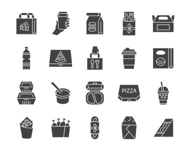 Yiyeceği ve sembol setini kaldır. Fast food paketi. Teslimat servisi vektör koleksiyonu. 