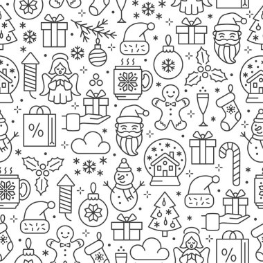 Kusursuz bir Noel deseni. Melek, Noel Baba, zencefilli ekmek adam, kartopu, kardan adam, Noel ağacı ve hediye kutusu olan bir çizgi ikonu. Kış vektörü arkaplanı. 