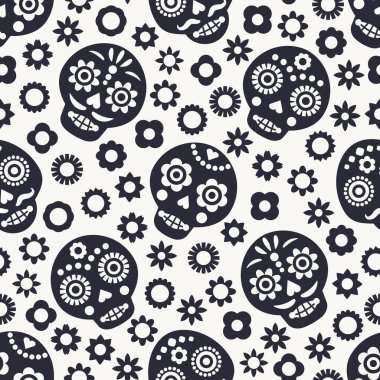 Black skull vector seamless pattern. Day of the dead elements with flowers and skull. Dia de los muertos holiday background.
