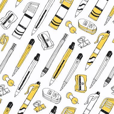 Stationery seamless pattern with pen, pencil, sharpener, marker, rubber. Vector illustration.