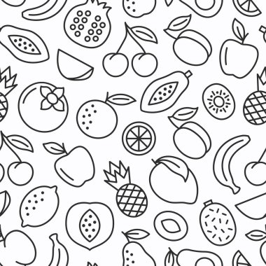 Fruit seamless background. Outline pattern with apple, banana, apricot, cherry, orange, lemon, pear. Vegetarian food icon texture. Vector illustration.