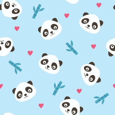 Panda seamless pattern. Baby vector decoration with animal, bamboo, heart.