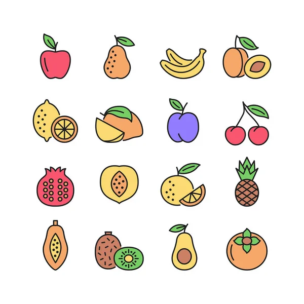 Fruit Vector Line Icon Set Flat Symbol Apple Pear Banana — Vetor de Stock