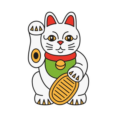 Maneki neko cat with coin. Japanese symbol wishing good luck with raised paw. Vector sign of wealth, happiness, fortune.