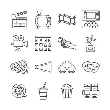 Sinema çizgisi simgesi seti. Gözlük, film kamerası, bilet, sinema salonu, ödül. Eğlence ve performansın vektör sembolü. Düzenlenebilir vuruş.