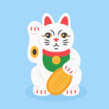 Paralı Maneki Neko kedisi. Japon sembolü kaldırılmış pençe ile iyi şanslar diliyor. Zenginliğin, mutluluğun, servetin çizgi film vektörü.