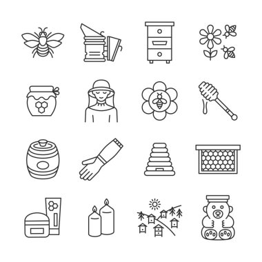 Arıcılık çizgisi simgesi hazır. Bal, arı, arı, arı kovanı, arı yetiştiricisi, ekipman ve arı koleksiyoncusu. Düzenlenebilir vuruş.