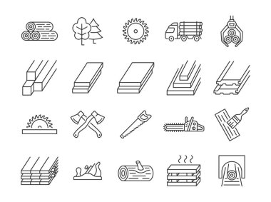Kereste çizgisi simgesi hazır. Kütük, balta, tomruk kamyonu, testere, ağaç ve marangozluk ile kereste fabrikası koleksiyonu. Düzenlenebilir vuruş.
