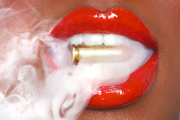 Lips of a Woman With A Bullet and Smoke — Stock Photo, Image