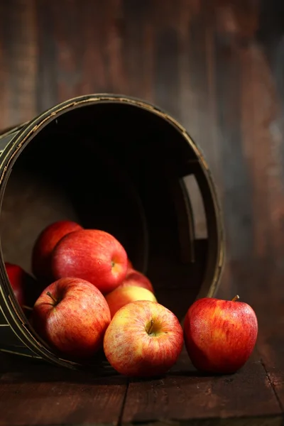 Barrel Full of Red Apples on Wood Grunge Background — Stock Photo, Image