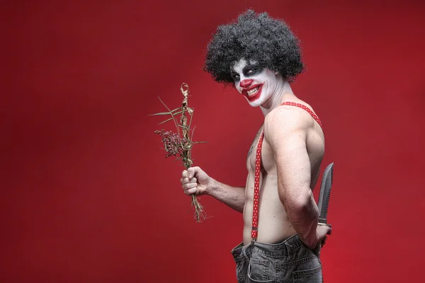 Spooky Clown Portrait on Red Background — Stock Photo, Image