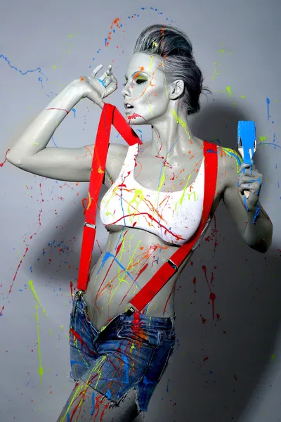 Female House Painter Splattered with Latex Paint — Stock Photo, Image