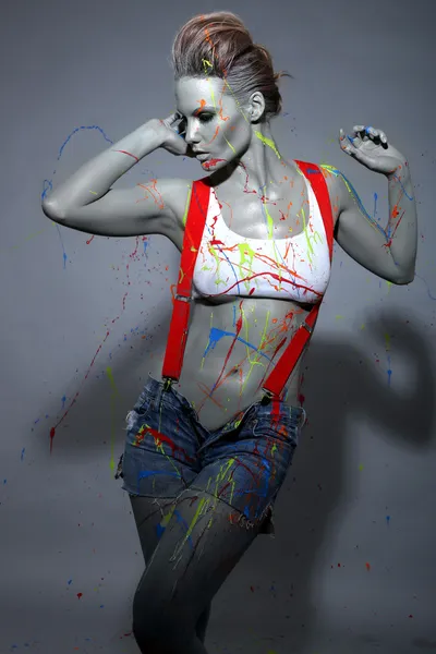 Female House Painter Splattered with Latex Paint — Stock Photo, Image