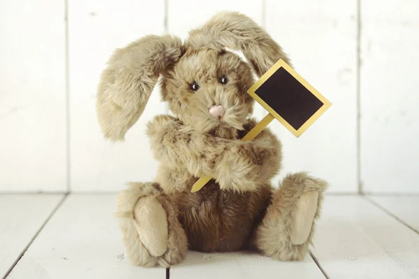 Teddybär wie selbst gebasteltes Kaninchen auf weißem Holzhintergrund — Stockfoto