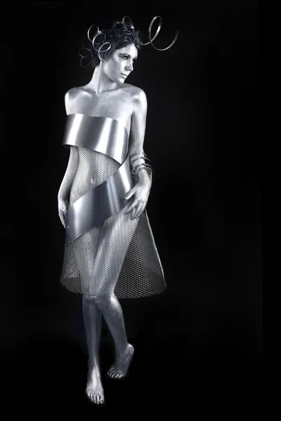 Silver Metal Clothing on a Body Painted Model — Stock Photo, Image