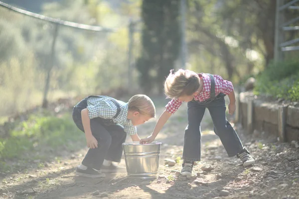 Kinder arbeiten auf dem Bauernhof mit einem Eimer — Stockfoto