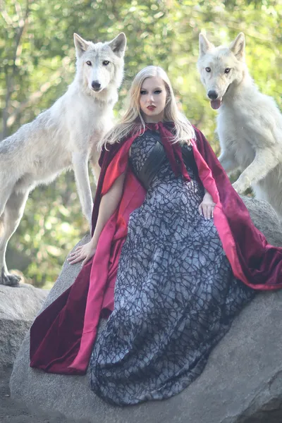 Linda mulher posando com lobos ao ar livre — Fotografia de Stock