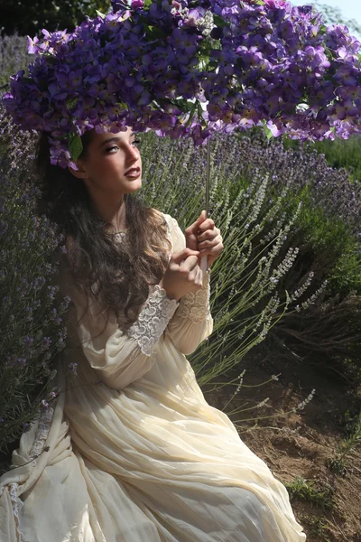Csinos, fiatal lány, szabadban, levendula virág mező — Stock Fotó