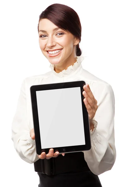 Ελκυστική νεαρή γυναίκα με ένα tablet pc — Φωτογραφία Αρχείου