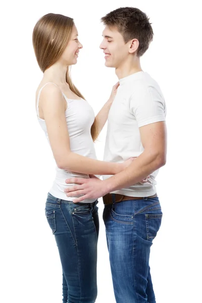 Young couple in white t-shirts — Stock Photo, Image
