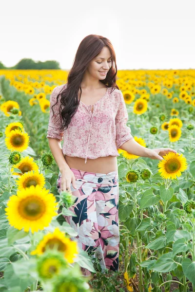 Mooie dame wandelen in zonnebloem veld — Stockfoto