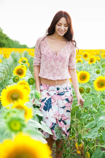 Beautiful lady walking in sunflower field — Stock Photo, Image