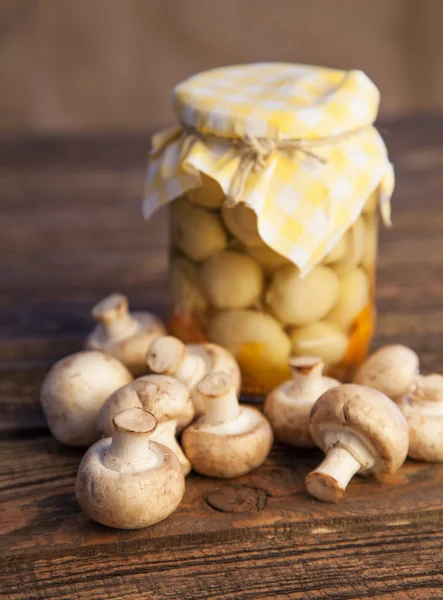 Konserverade och färska champinjoner — Stockfoto