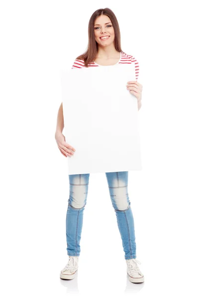 Casual young woman holding a white board — Stock Photo, Image