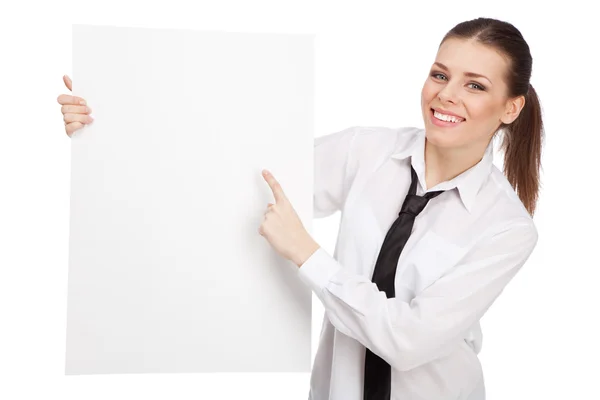 Jeune femme d'affaires avec un tableau blanc — Photo