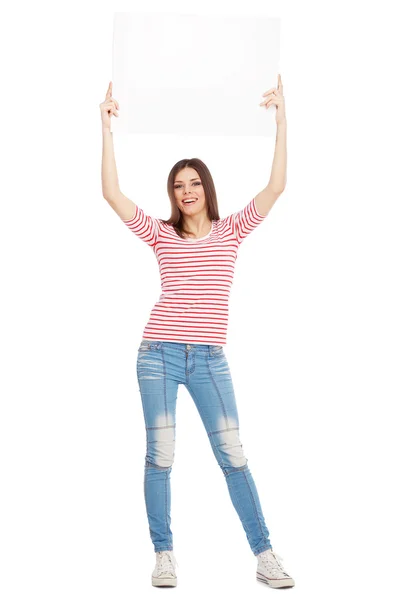 Casual young woman holding a white board — Stock Photo, Image