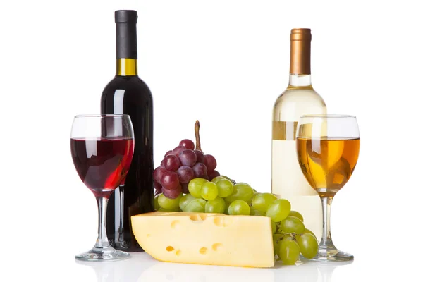 Fromage, vin blanc et rouge — Photo