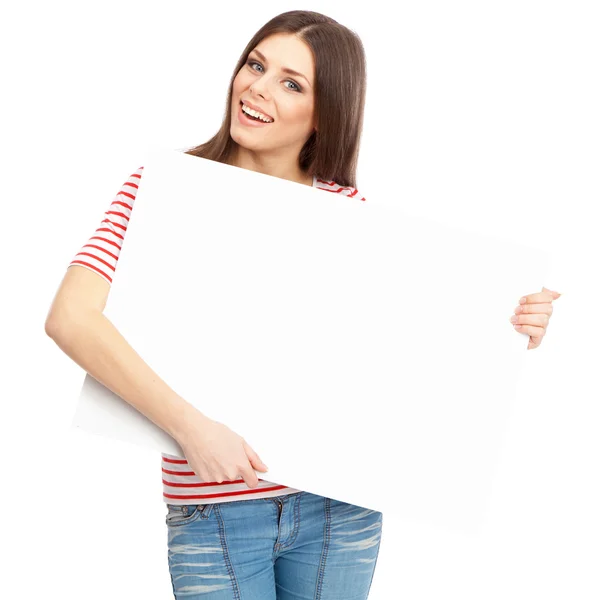 Casual young woman holding a white board — Stock Photo, Image