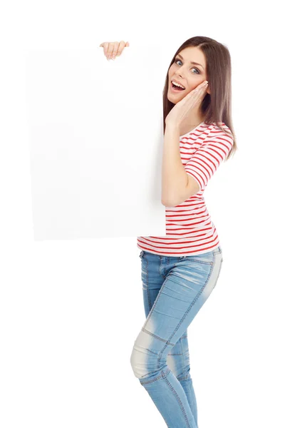 Casual young woman holding a white board — Stock Photo, Image