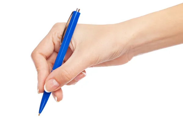 Женщина держит ручку, изолированную на белом фоне — стоковое фото