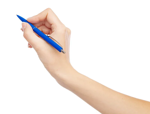 Weibliche Hand hält einen Stift, isoliert auf weißem Hintergrund — Stockfoto