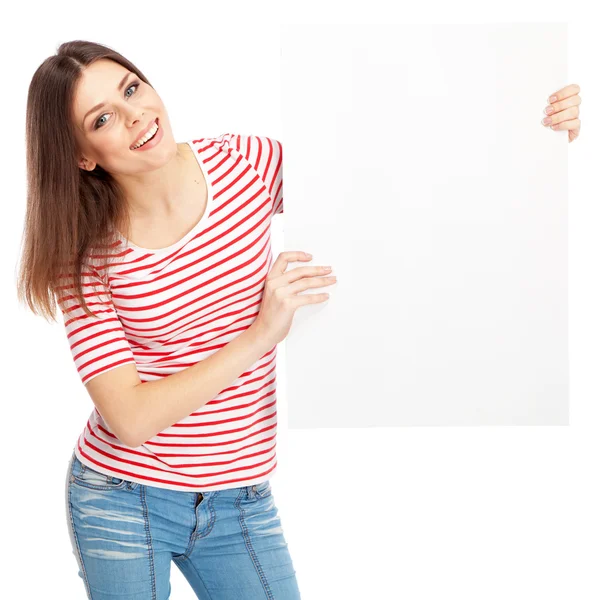 Casual jovem segurando um quadro branco — Fotografia de Stock