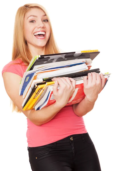 Menina estudante com uma pilha de livros pesados — Fotografia de Stock