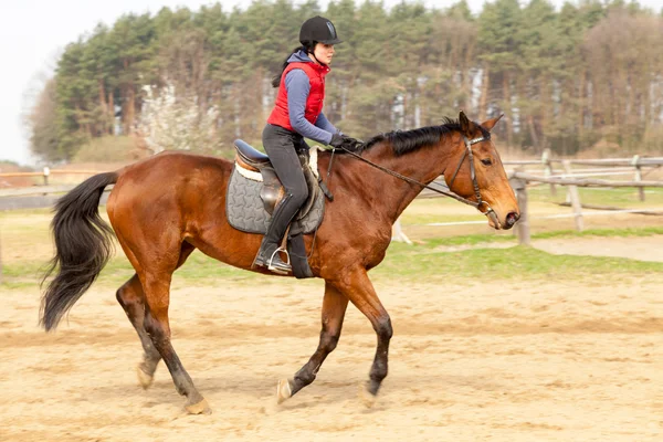 Jovem mulher montando um cavalo — Fotografia de Stock