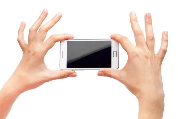 Mano femminile in possesso di uno smartphone moderno — Foto Stock