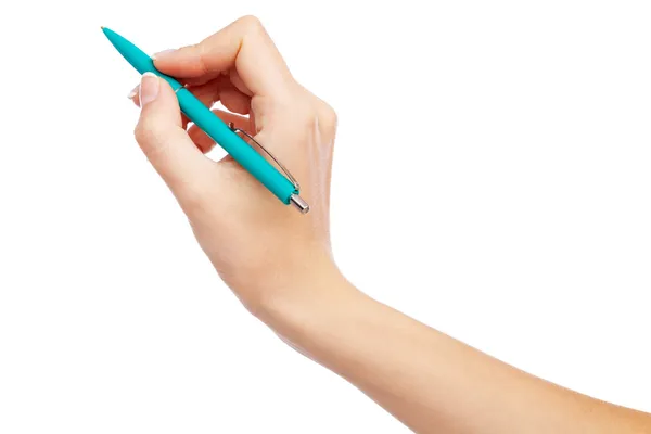 Vrouwelijke hand met een pen, geïsoleerd op witte achtergrond — Stockfoto