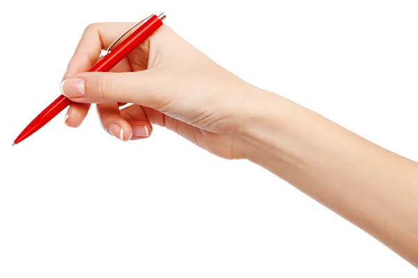 Escritura a mano femenina con pluma roja — Foto de Stock