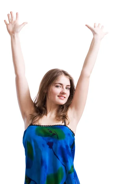 Woman with hands up — Stock Photo, Image